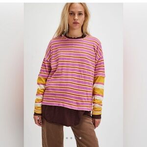 We The Free X Free People Nina Striped Long Sleeve in Lilac Combo XS new
